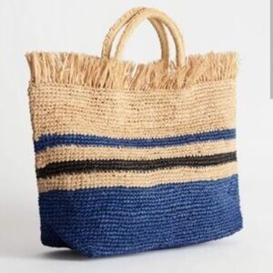 & Other Stories Navy and Natural Woven Straw Tote
